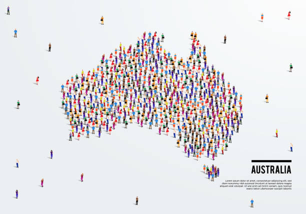 illustrations, cliparts, dessins animés et icônes de carte de l’australie. un grand groupe de personnes se forment pour créer une forme de la carte de l’australie. illustration vectorielle. - queensland