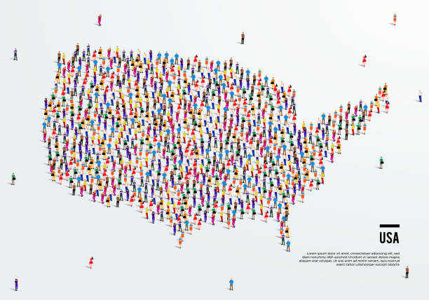 ilustrações, clipart, desenhos animados e ícones de eua ou america map. um grande grupo de pessoas se forma para criar uma forma do mapa dos estados unidos da américa. ilustração vetorial. - infográficos demográficos