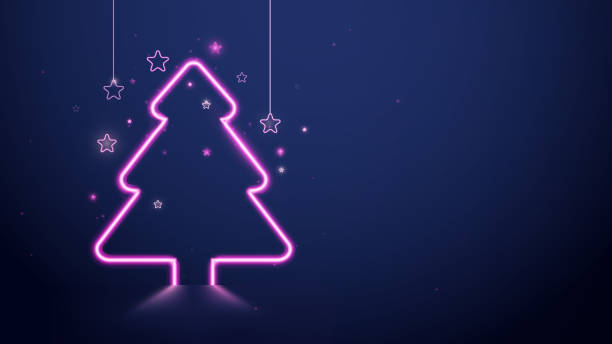 Christmas and New Year. Christmas tree pink neon light and stars on dark blue background. Vector illustration Christmas and New Year. Christmas tree pink neon light and stars on dark blue background. Vector illustration pink christmas tree stock illustrations