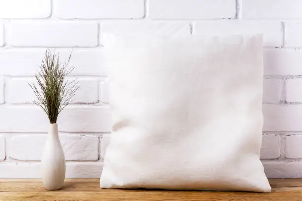 Square cotton pillow mockup with big bluestem wild grass. Rustic linen pillowcase mock up for design presentation