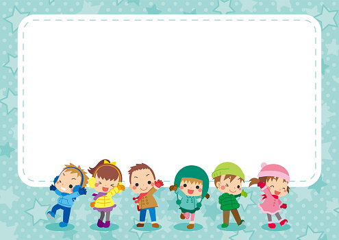 Illustrations of cute children in winter clothes. Background is simple frame and stars pattern.