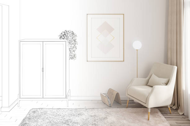 istock The sketch becomes a real bright modern room with a vertical poster between a bookcase, a cozy armchair with a lamp, curtains, a fluffy carpet on a wooden floor. Front view. 1276893825