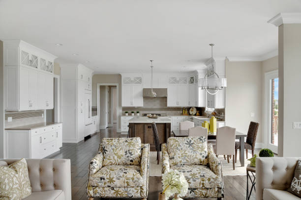 istock Floral chairs separate the great room from the kitchen area 1276897048