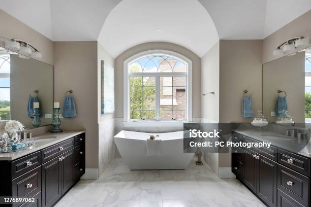 Gorgeous Bathroom Nook With Free Standing Bathtub Stock Photo - Download Image Now - Free Standing Bath, Bathroom, Symmetry