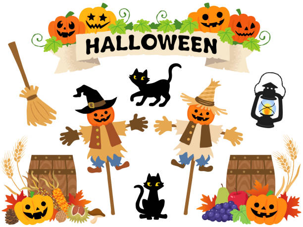 illustrations, cliparts, dessins animés et icônes de ensemble d’illustration d’halloween et de récolte - broom corn