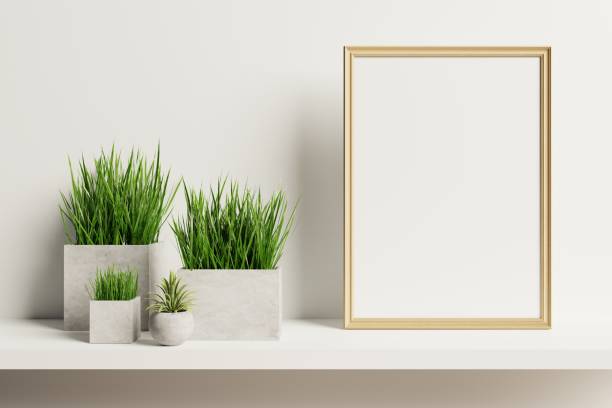 istock Home interior poster mock up with vertical frame with ornamental plants in pots on empty wall background. 1276898005