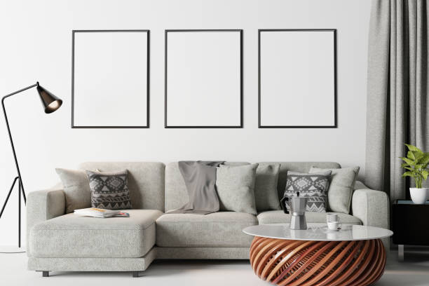istock mock up poster frame in modern interior background, living room, Scandinavian style 3D illustration 1276898018