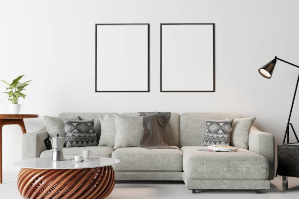 istock mock up poster frame in modern interior background, living room, Scandinavian style 3D illustration 1276898021