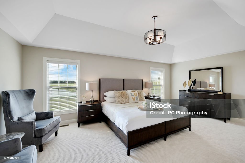Wonderfully decorated bedroom with tray ceiling dark furniture in spacious master bedroom Owner's Bedroom Stock Photo