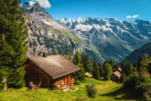 hermosa vista con casas de madera y montañas nevadas, murren, suiza - shack european alps switzerland cabin fotografías e imágenes de stock