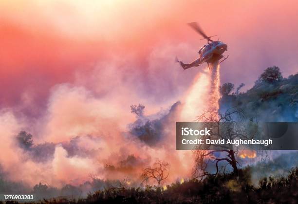 Helicopter Waterdrop On California Wildfire Stock Photo - Download Image Now - Climate Change, Forest Fire, California