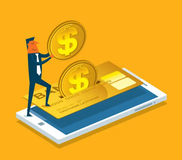 Vector illustration of Gold coins falling into the bank card
