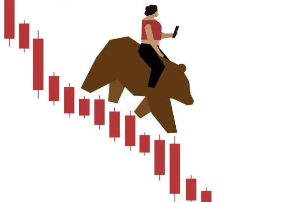 Vector illustration of Woman riding bear down stock market graph while looking at her phone.