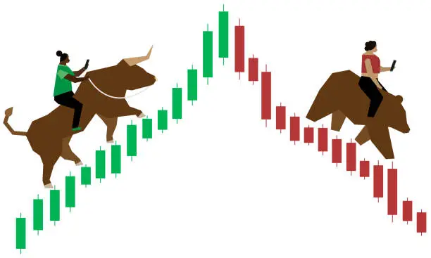 Vector illustration of One woman riding bull up stock market graph while another one rides a bear down the graph as they both look at their phones.