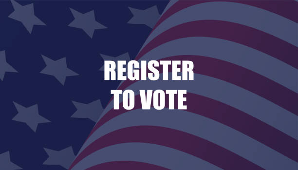 istock Vector illustration with a message Register to vote for upcoming elections in the United States of America. Illustration with waving American flag in the background. 1276908641