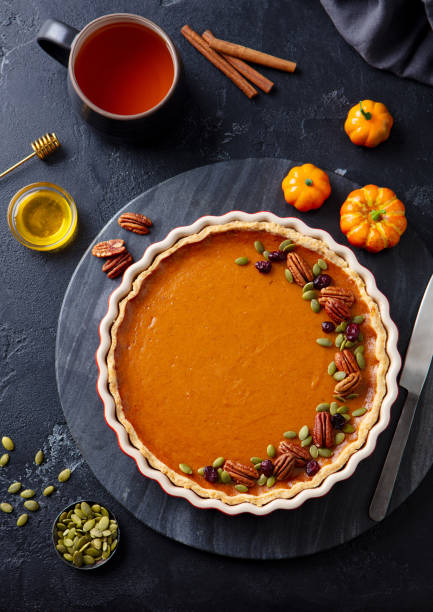 istock Pumpkin pie on marble board with cup of tea. Grey background. Close up. Top view. 1276909596