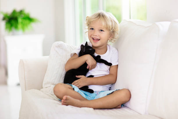 istock Child playing with baby cat. Kid and kitten. 1276909601
