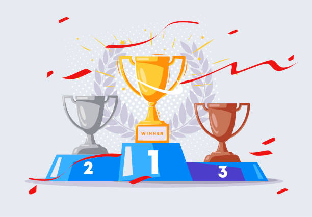 illustrazioni stock, clip art, cartoni animati e icone di tendenza di illustrazione vettoriale del podio dei vincitori della competizione con coppa d'oro, argento e bronzo - medal achievement russia second place