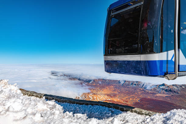 Tenerife, Spain - February 22, 2018: Cablecar Pico del Teide in snow and tourists. The image shows a cablecar, which runs from a base station at El Teide National Park up to the volcano El Teide, Canary islands. It's a very popular excursion for tourists.