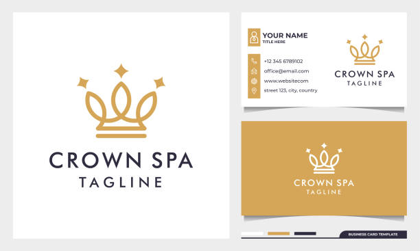 royal gold crowns logo design with line art style and business card template royal gold crowns logo design with line art style and business card template dental gold crown stock illustrations