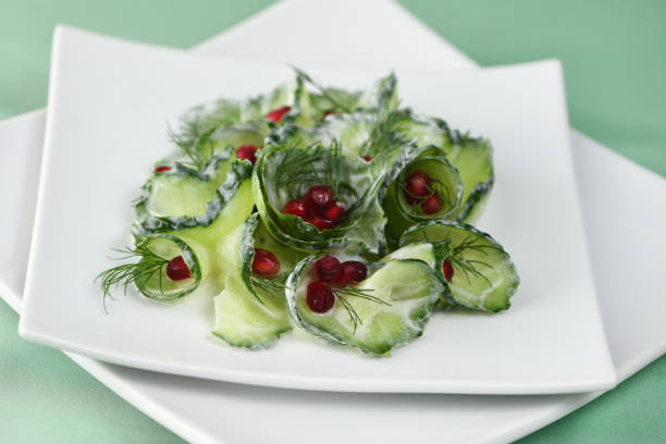 istock Fresh cucumber salad with dill and pomegranate kernels, in yoghurt sauce 1276916200