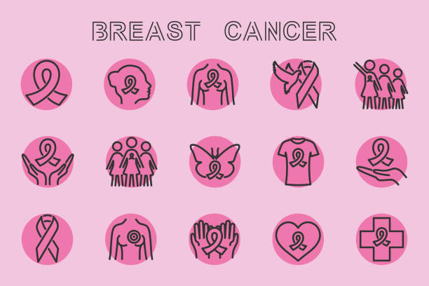 ilustraciones, imágenes clip art, dibujos animados e iconos de stock de conjunto vectorial de iconos de línea de cáncer de mama. - beast cancer awareness month