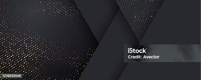 istock Background, black and gold halftone shine dots on geometric triangle pattern, vector. Golden confetti glitter on black gradient background, glittery polygon or 3d abstract card layout 1276920548