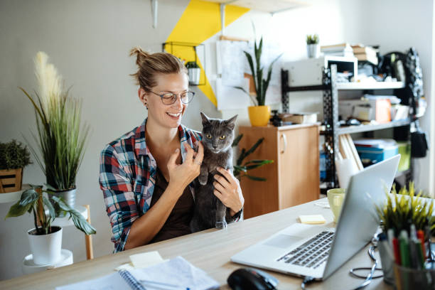 istock Young woman using laptop at home during covid-19 lockdown and cuddling cat 1276921500