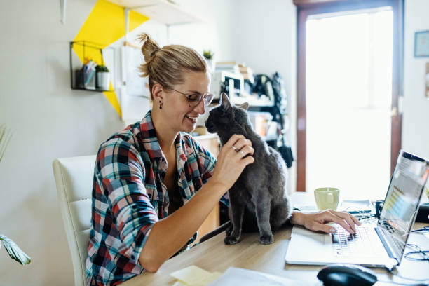 istock Young woman using laptop at home during covid-19 lockdown and cuddling cat 1276921508