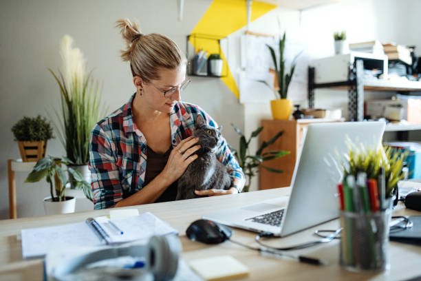 istock Young woman using laptop at home during covid-19 lockdown and cuddling cat 1276921578