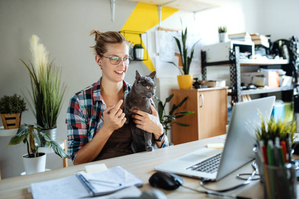 istock Young woman using laptop at home during covid-19 lockdown and cuddling cat 1276921604