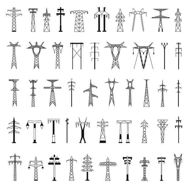 Set of icons for Electric towers and pillars. Set of icons for Electric towers and pillars. Black silhouettes isolated on a white background in a simple flat style for design and web. transformer electricity stock illustrations