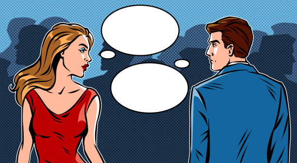 Woman and man looking at each other and empty speech bubbles Woman and man looking at each other and thinking. Pop art vector retro illustration. flirting stock illustrations