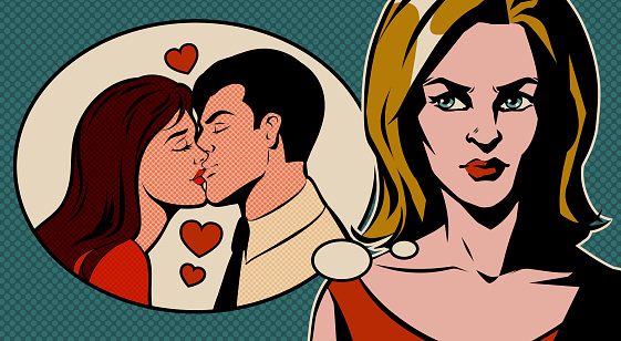 Woman thinking about man kissing another woman and getting jealous. Pop art vector illustration.