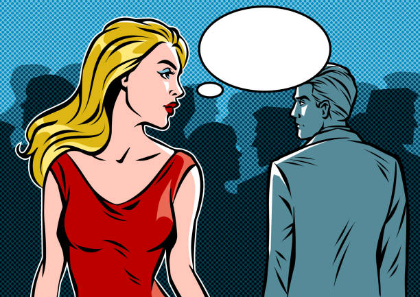 Woman looking back at man and speech bubble. Woman looking back at man while walking. Pop art vector retro illustration. unrequited love quotes stock illustrations