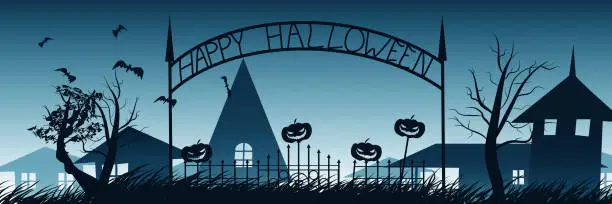 Vector illustration of Silhouette of a village with halloween pumpkin on the fence.