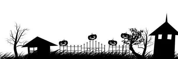 Vector illustration of Silhouette of a village with halloween pumpkin on the fence isolated on white background.