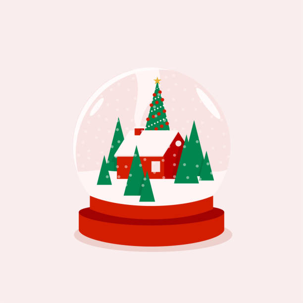 bildbanksillustrationer, clip art samt tecknat material och ikoner med jul i en globe eller julglaskula vektorillustration med röda hus och granar och julgran för xmaskort eller affischdesign. - winter wonderland