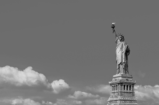 Lady Liberty on Liberty Island in New York City.Black and white photo