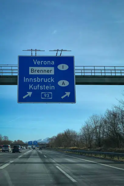 Highway sign direction A93 to Verona, Brenner, Innsbruck, Kufstein on A8 in Germany