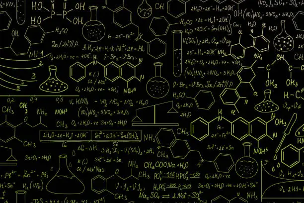 Photo of Hand drawn science formulas on chalkboard for background.