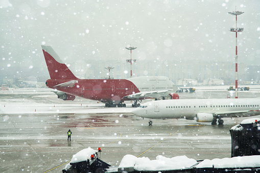 Airport under snowfall.
