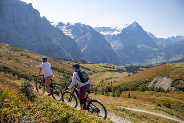 Female mountain e-bikers rides through alpine meadow Sunny Swiss Alps in distance Grindlewald stock pictures, royalty-free photos & images