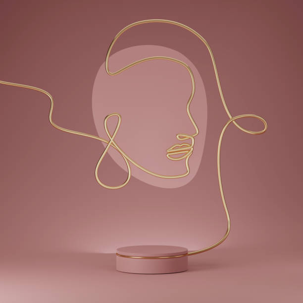 social media or online shop banner for product placement or text exhibición de podio 3d con arte de línea carátula mujer retrato con sombrero. verano, pedestal escaparate para cosméticos de la naturaleza, presentación del producto de belleza. ilustración de escenas abstracta mínima y abstracta femenina, maqueta d