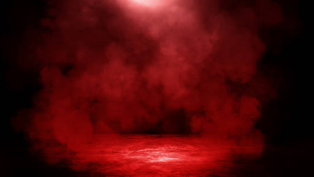 istock Studio dark room with red lighting effect on concrete floor grunge texture background for product showing. 1276932649