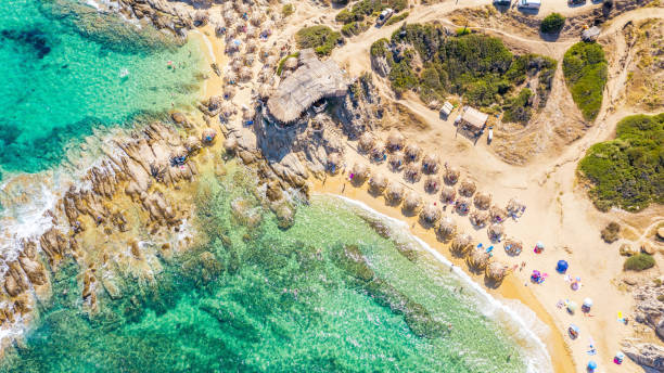 Aerial view in Tigania beach in Greece. Tigania beach in Greece aerial. halkidiki stock pictures, royalty-free photos & images