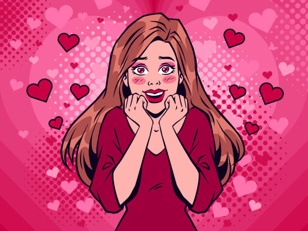 Woman, girl in love with hearts on a pink background. Valentine's Day illustration. Comic girl with hearts in her eyes on a pink background. Pop art vector cartoon style. falling in love stock illustrations