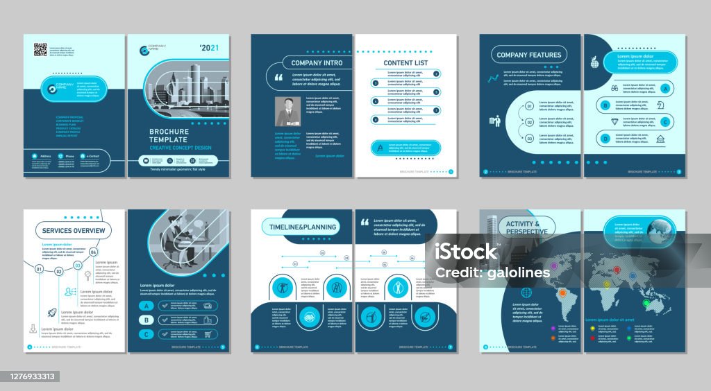 Brochure creative design. Multipurpose template, include cover, back and inside pages. Trendy minimalist flat geometric design. Vertical a4 format. Brochure stock vector