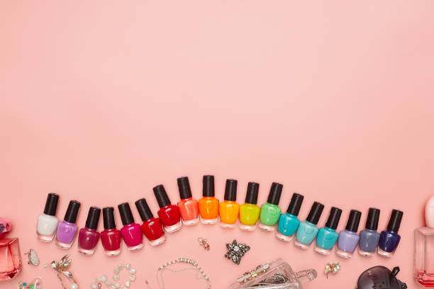 istock concept, manicure with nail polish, pedicure on pink background, copy space, Flat Lay 1276934103