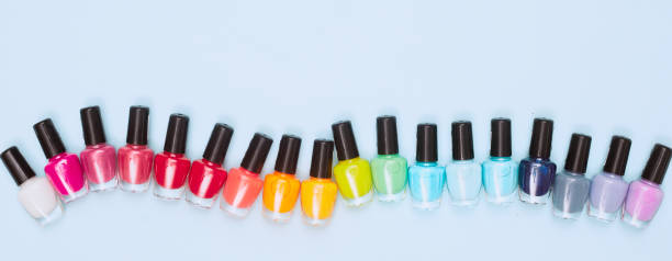 istock concept, manicure with nail polish, pedicure on blue background, copy space, Flat Lay 1276934111